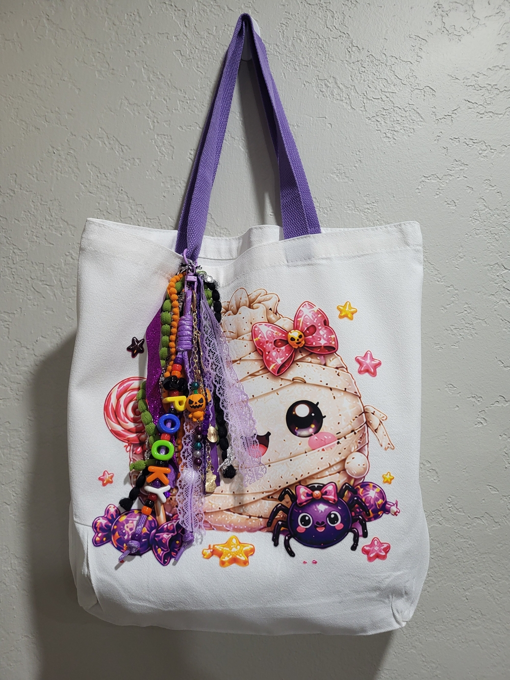 Halloween Mummy Canvas  Tote Bag with Halloween Charm